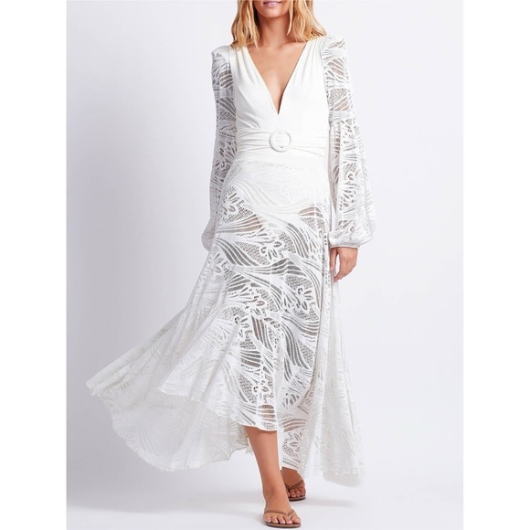 PATBO METALLIC LACE PLUNGE LONG SLEEVE ONEPIECE SWIMSUIT / BODYSUIT WHITE S NWT - Picture 8 of 11